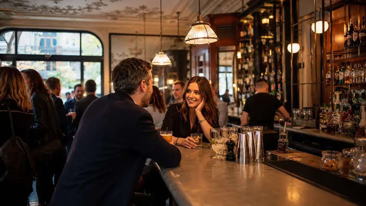 Travellers meeting inside a welcoming Paris pub