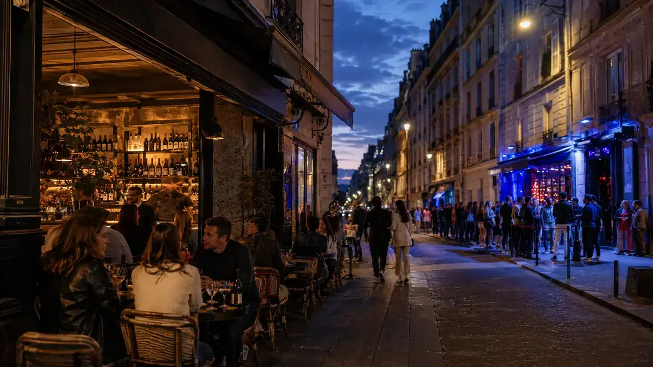 Large international group enjoying a social night in Paris