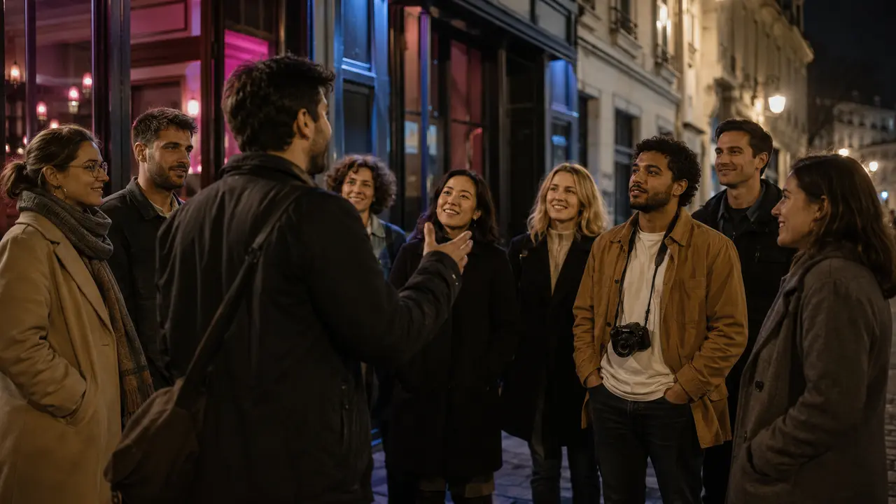 Un grupo de rastreo de pubs de París reunido dentro de un bar